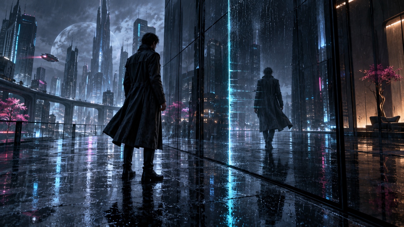 雨夜玻璃建筑中略有错位的人物虚拟倒影