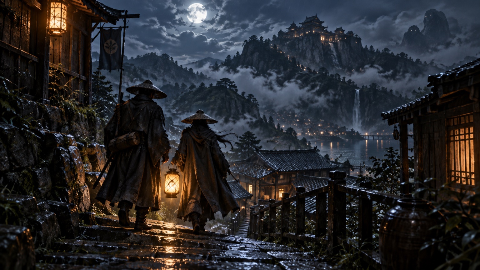 雨中山城石阶与一盏微暖的巡夜提灯