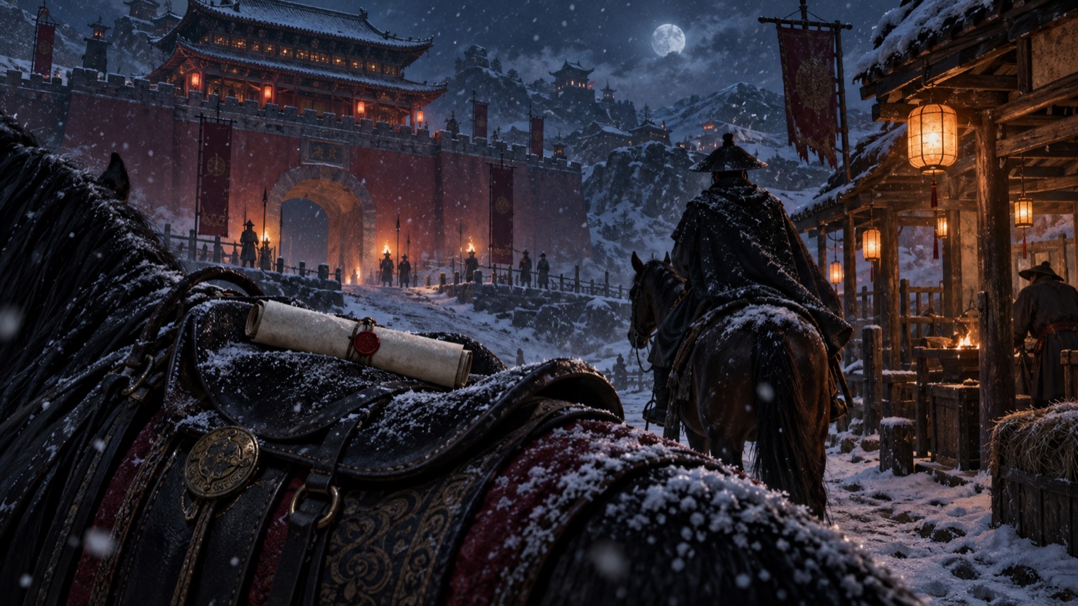 雪夜里的古代城门与一盏亮着灯的驿站