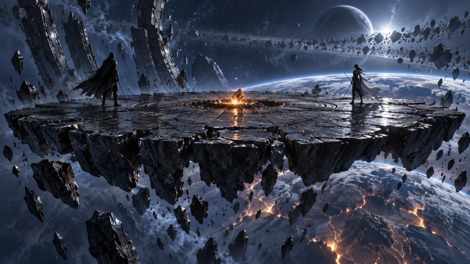 星海中悬浮的陨石擂台与两位小小挑战者